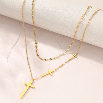 Elegant Stainless Steel Cross Necklace | Layered Luxury Habesha Jewelry