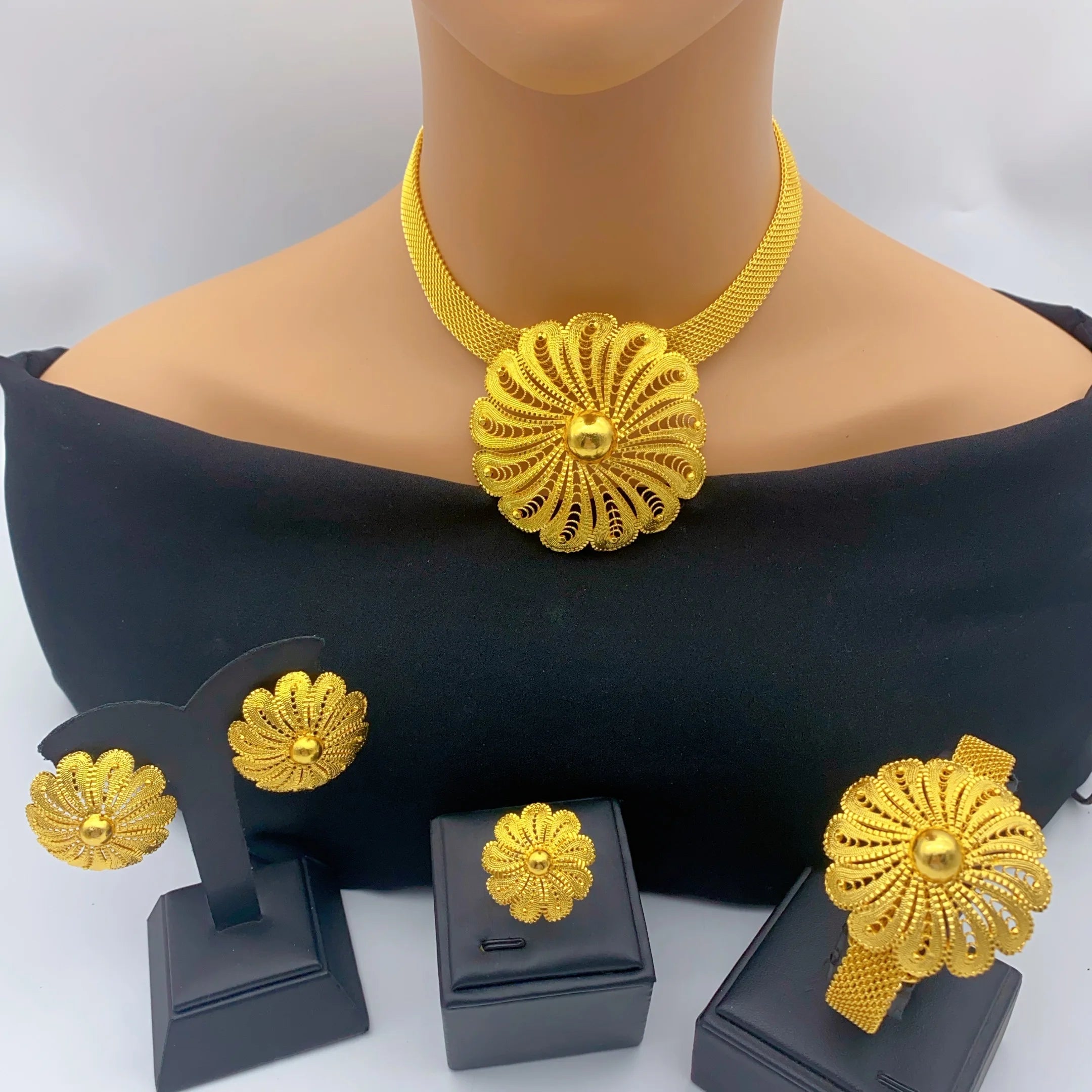 Luxury Ethiopian Round Necklace & Earrings Set | 24K Gold Bridal Jewelry