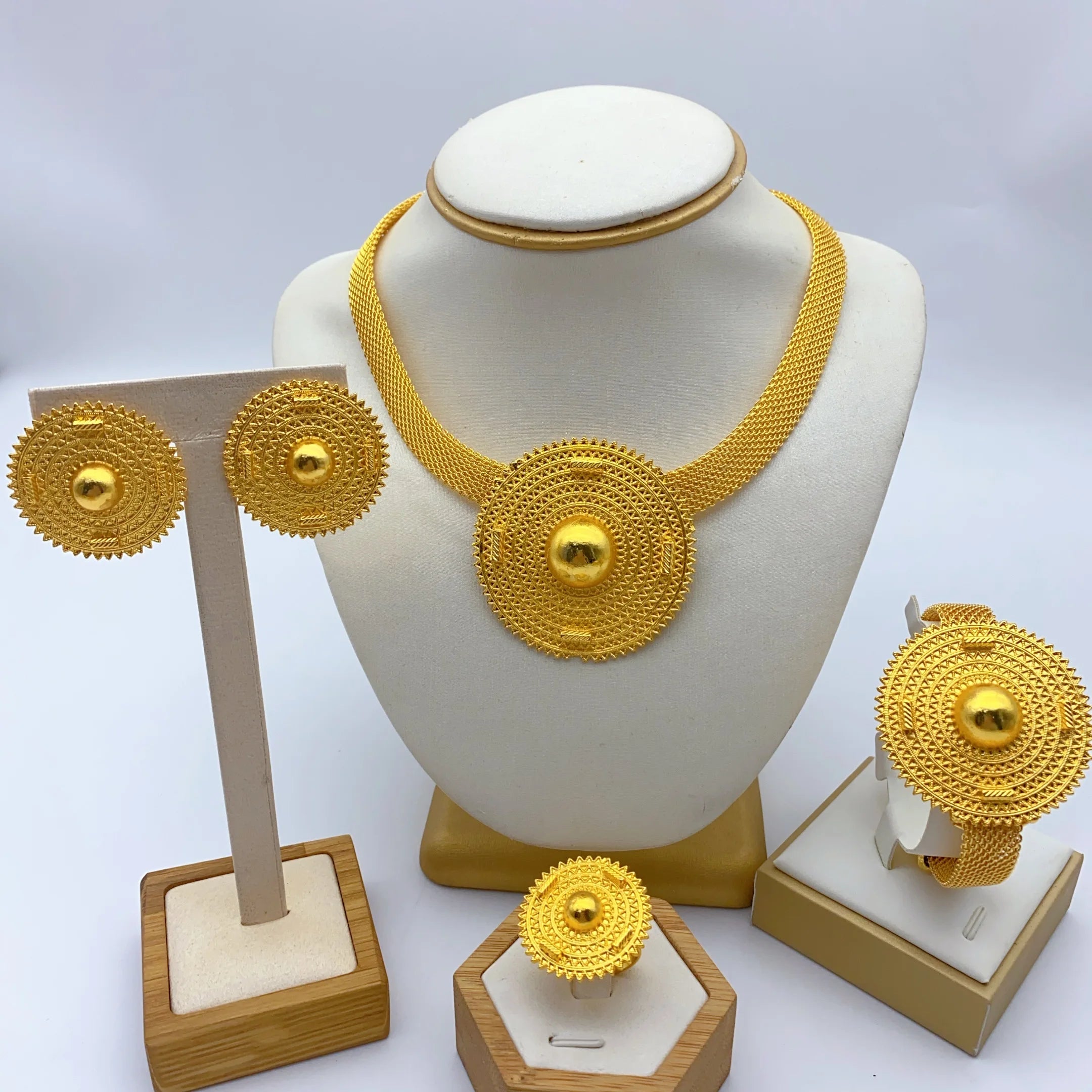 Luxury Ethiopian Round Necklace & Earrings Set | 24K Gold Bridal Jewelry