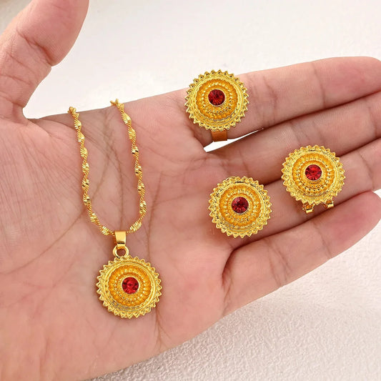 Gold Color Ethiopian & Eritrean Jewelry Set | Necklace, Ring, Pendant