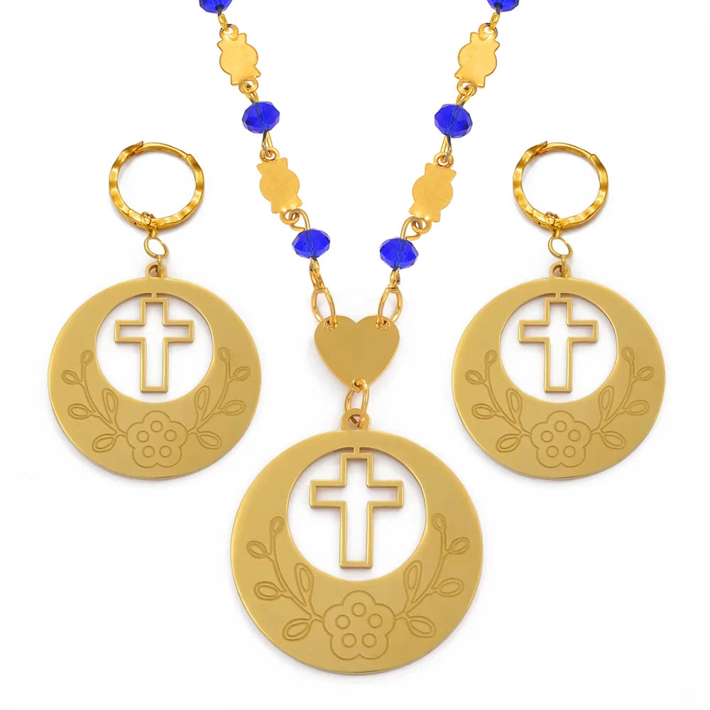 Flower Cross Ethiopian Jewelry Set | Beads Pendant Necklace & Earrings