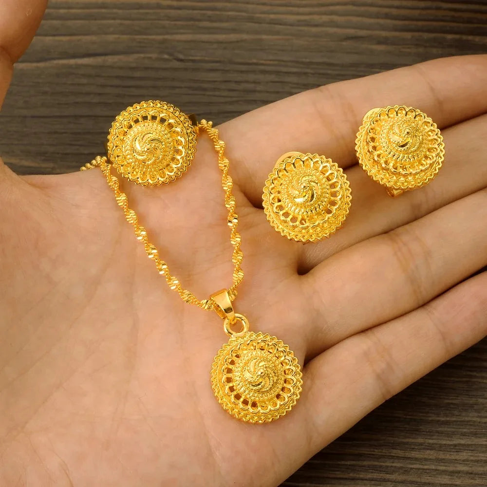 Gold Color Ethiopian & Eritrean Jewelry Set | Necklace, Ring, Pendant