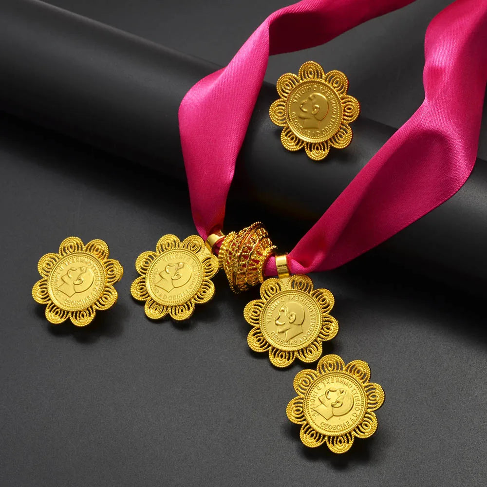 Ethiopian Eritrean Coin Jewelry Set | Necklace Earrings Rings for Women