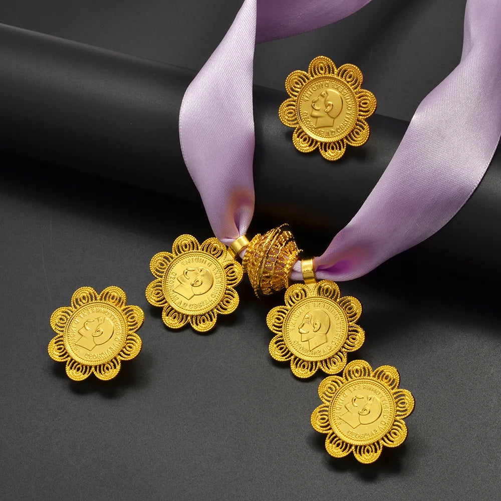Ethiopian Eritrean Coin Jewelry Set | Necklace Earrings Rings for Women