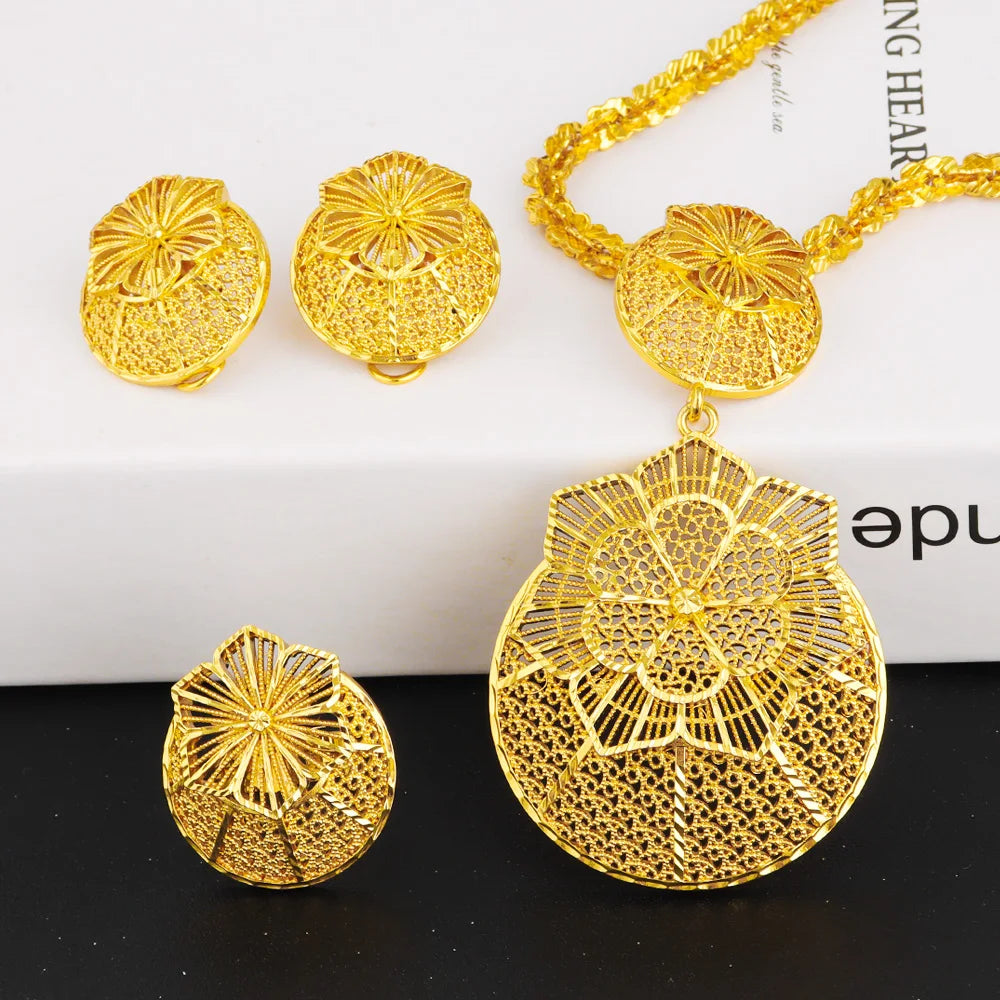 Gold Color Ethiopian Jewelry Set | Bridal Necklace & Earrings Gift