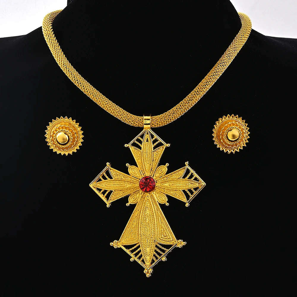 Ethiopian Big Pendant Choker & Earrings | Habesha Jewelry Set