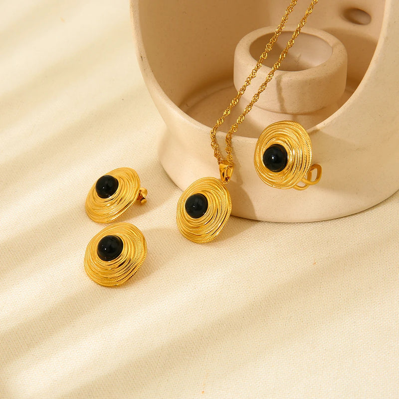 18K Gold Plated Black Agate Jewelry Set | Necklace, Earrings & Ring Gift