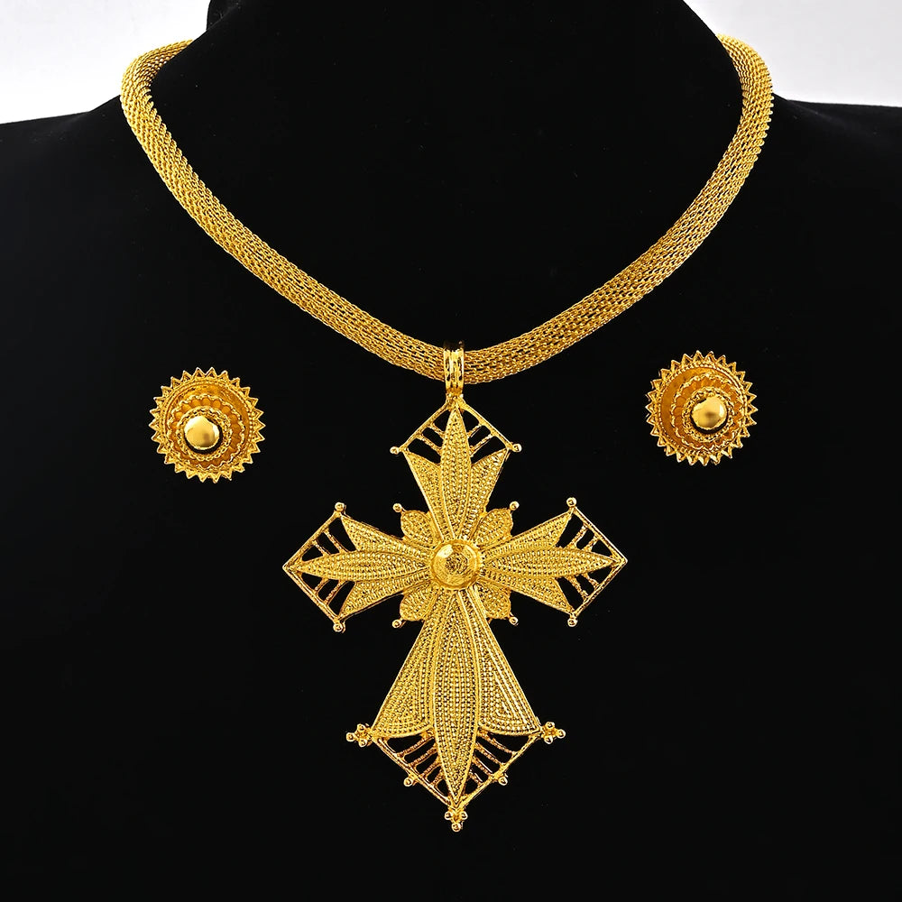 Ethiopian Big Pendant Choker & Earrings | Habesha Jewelry Set