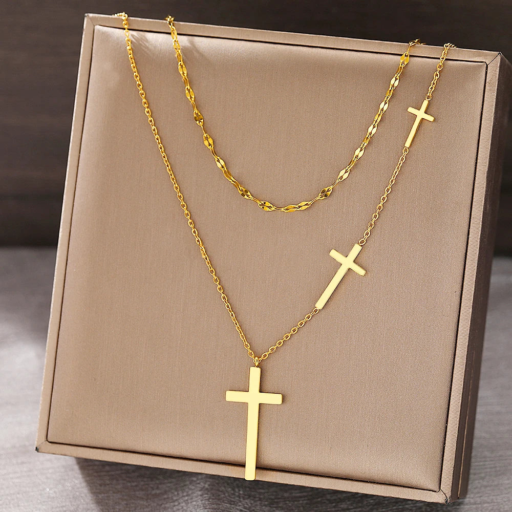 Elegant Stainless Steel Cross Necklace | Layered Luxury Habesha Jewelry