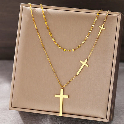 Elegant Stainless Steel Cross Necklace | Layered Luxury Habesha Jewelry