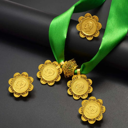 Ethiopian Eritrean Coin Jewelry Set | Necklace Earrings Rings for Women