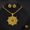 Gold necklace and earrings on a black background
