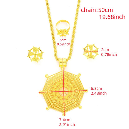 Gold necklace with measurements on a white background