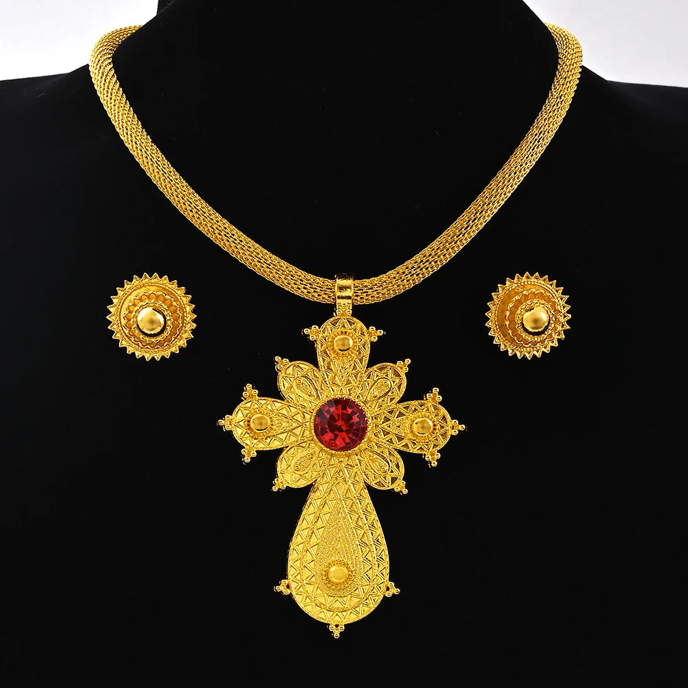 Ethiopian Big Pendant Choker & Earrings | Habesha Jewelry Set