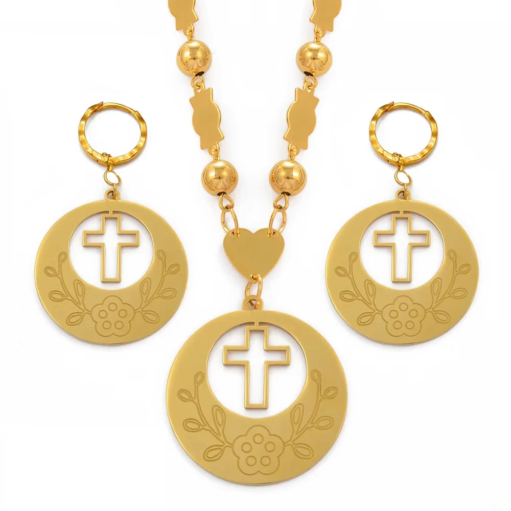 Flower Cross Ethiopian Jewelry Set | Beads Pendant Necklace & Earrings