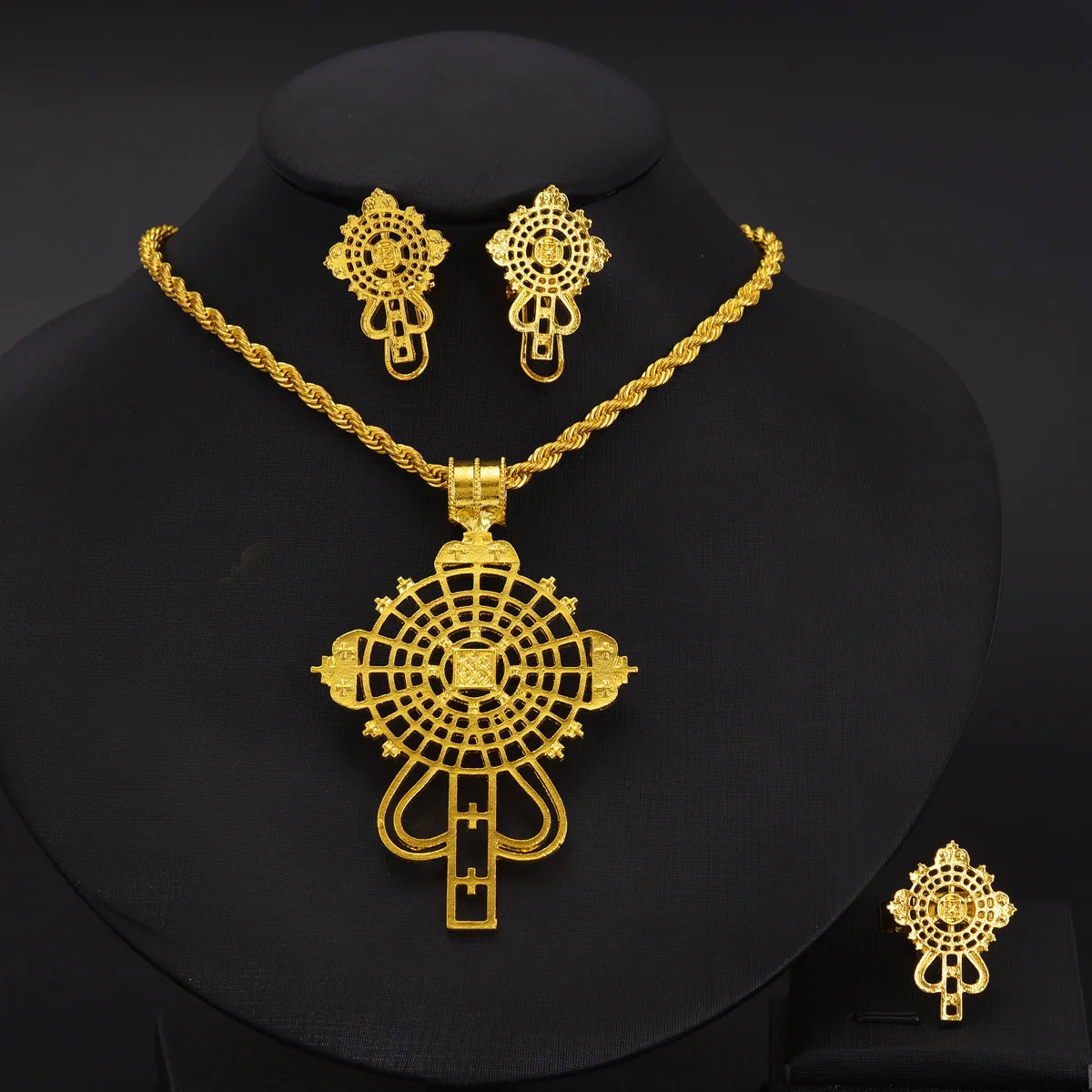 Ethiopian Cross Jewelry Set | Pendant, Earrings & Ring 3-Piece Set