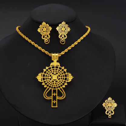Ethiopian Cross Jewelry Set | Pendant, Earrings & Ring 3-Piece Set