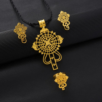 Ethiopian Cross Jewelry Set | Pendant, Earrings & Ring 3-Piece Set