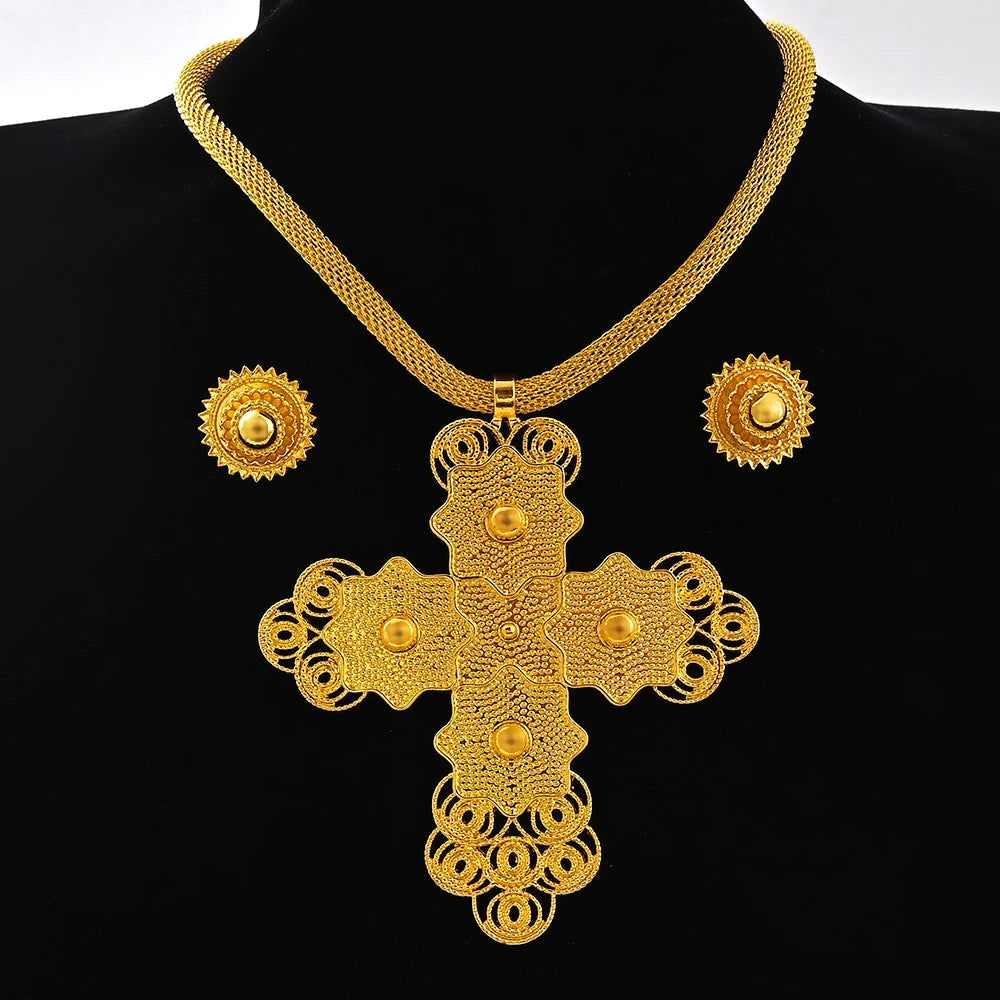 Ethiopian Big Pendant Choker & Earrings | Habesha Jewelry Set