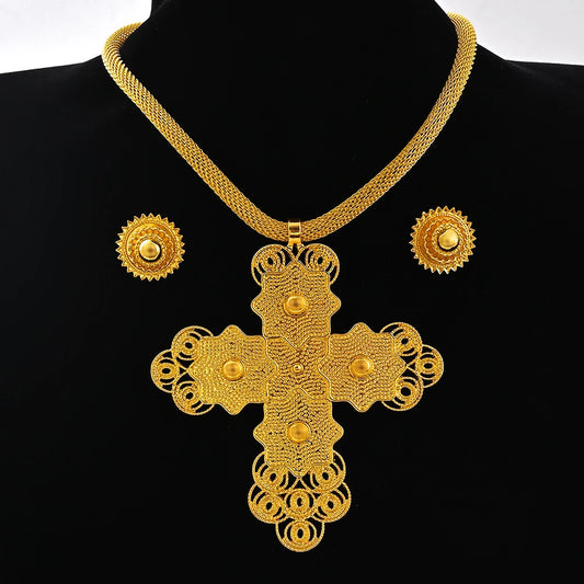 Ethiopian Big Pendant Choker & Earrings | Habesha Jewelry Set