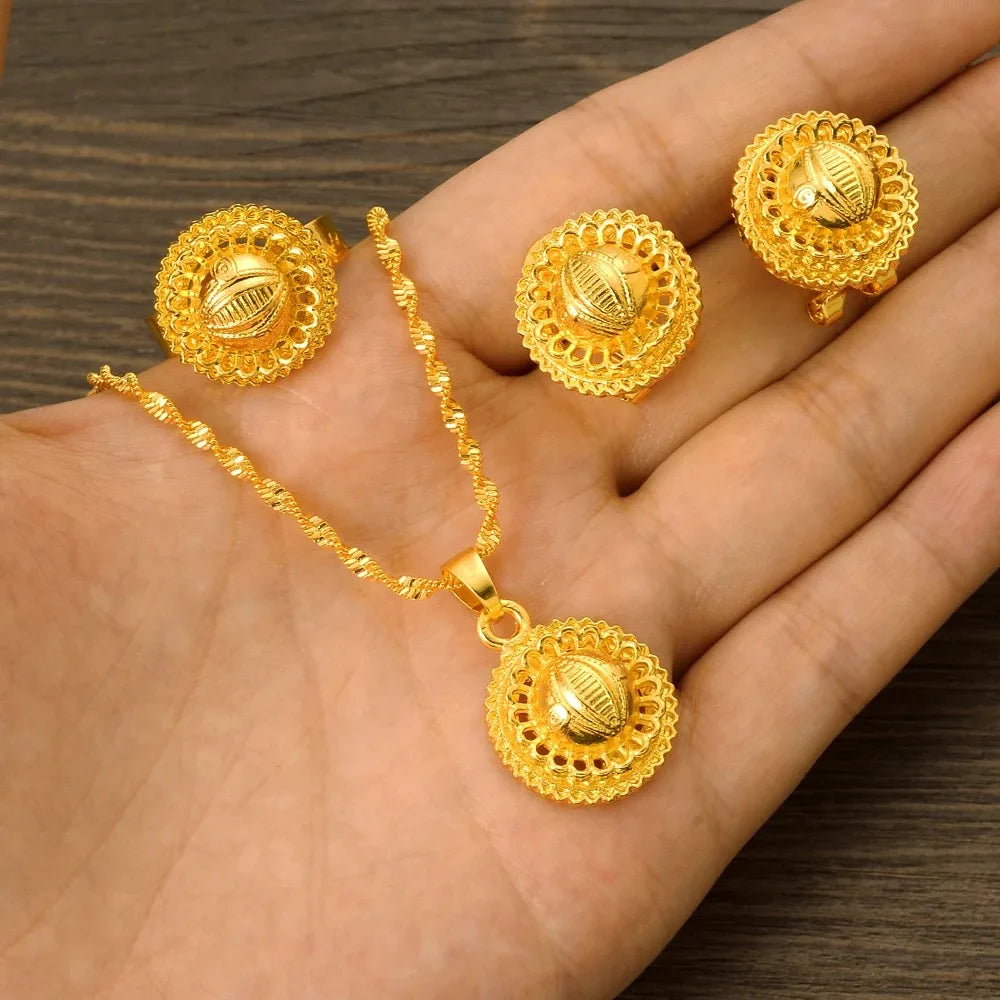 Gold Color Ethiopian & Eritrean Jewelry Set | Necklace, Ring, Pendant