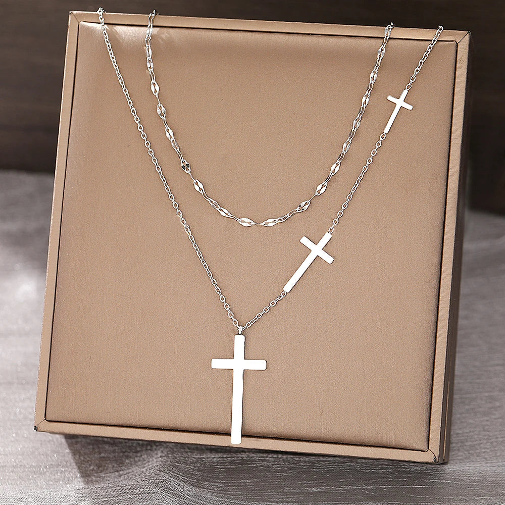 Elegant Stainless Steel Cross Necklace | Layered Luxury Habesha Jewelry