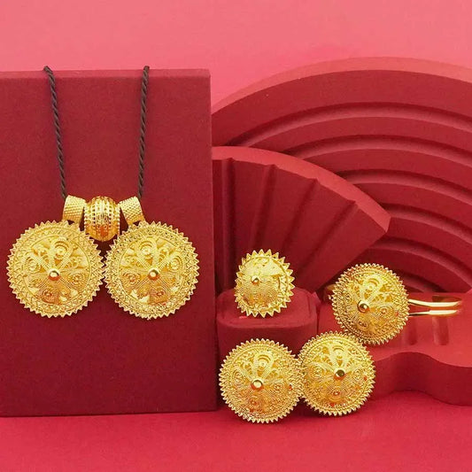 24K Gold-Plated Ethiopian Jewelry Set | Habesha Wedding Flower Design
