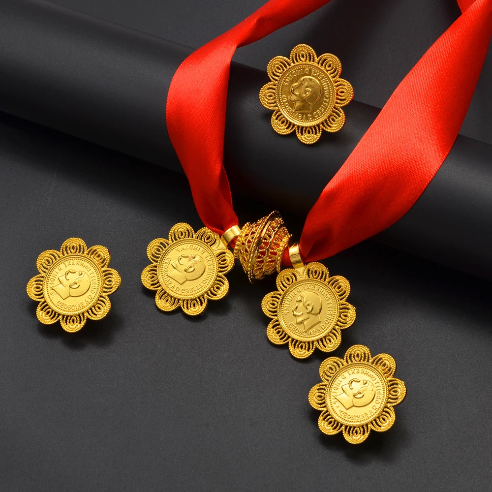 Ethiopian Eritrean Coin Jewelry Set | Necklace Earrings Rings for Women