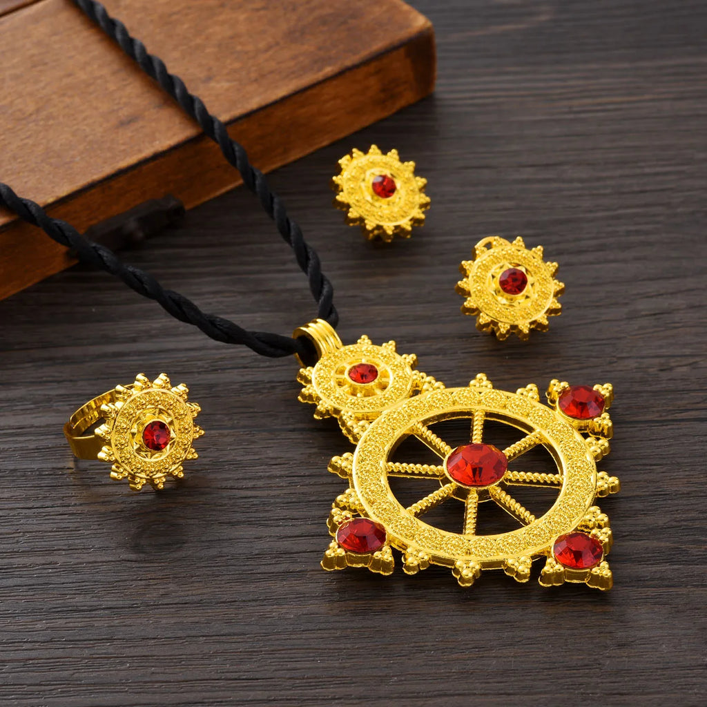 Golden Ethiopian Jewelry Set | New Rudder Pendant Bridal Gift