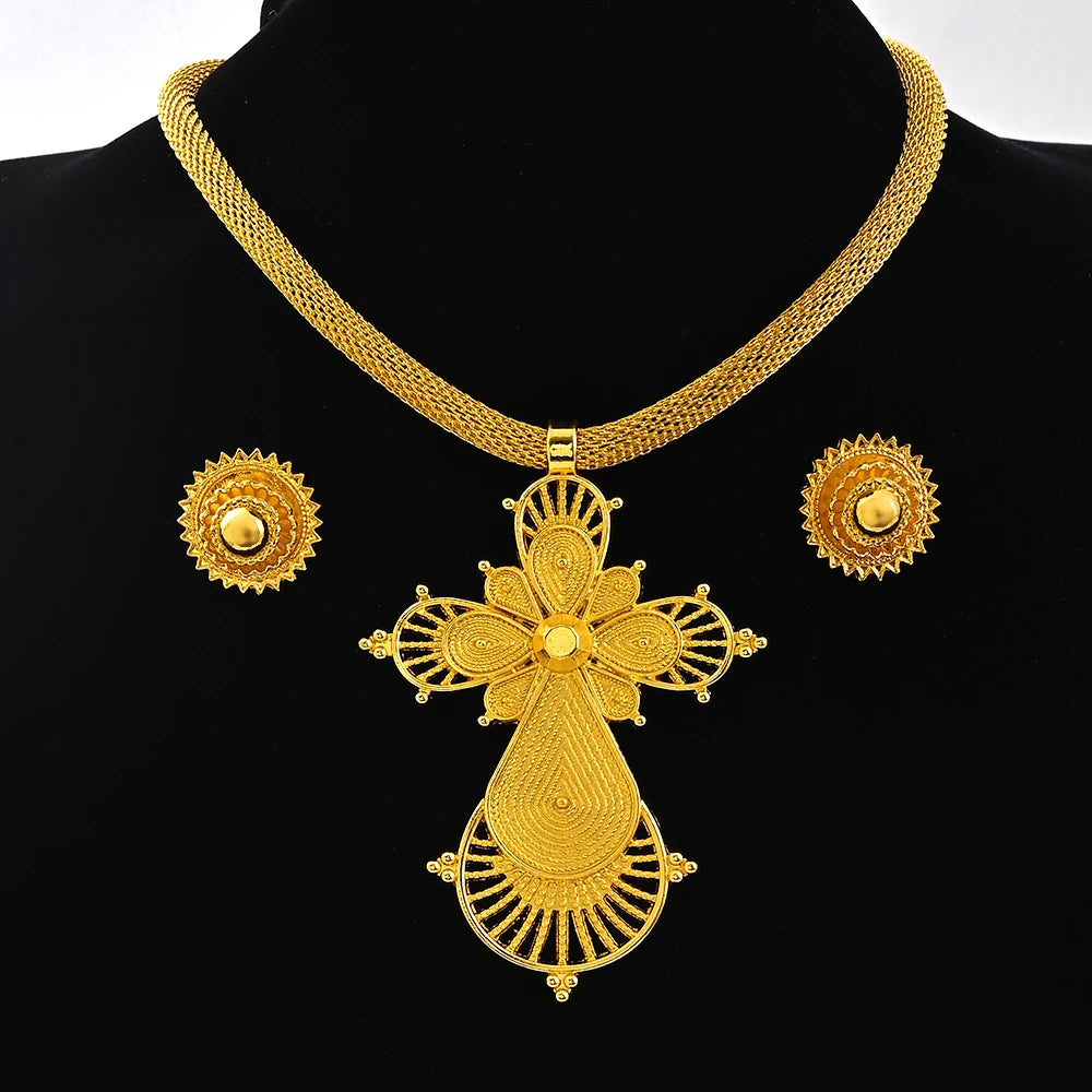 Ethiopian Big Pendant Choker & Earrings | Habesha Jewelry Set