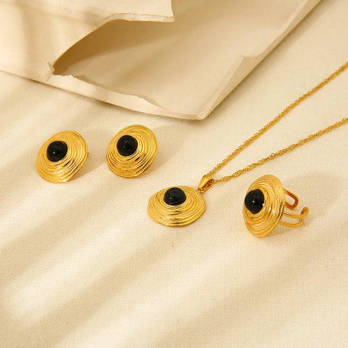 18K Gold Plated Black Agate Jewelry Set | Necklace, Earrings & Ring Gift