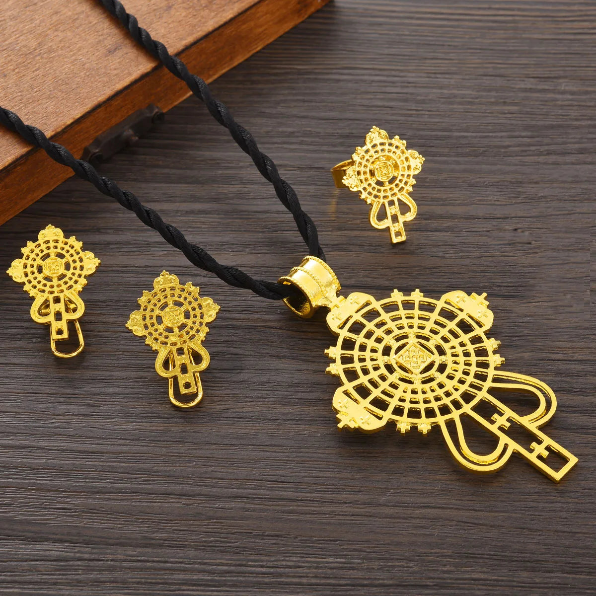 Ethiopian Cross Jewelry Set | Pendant, Earrings & Ring 3-Piece Set