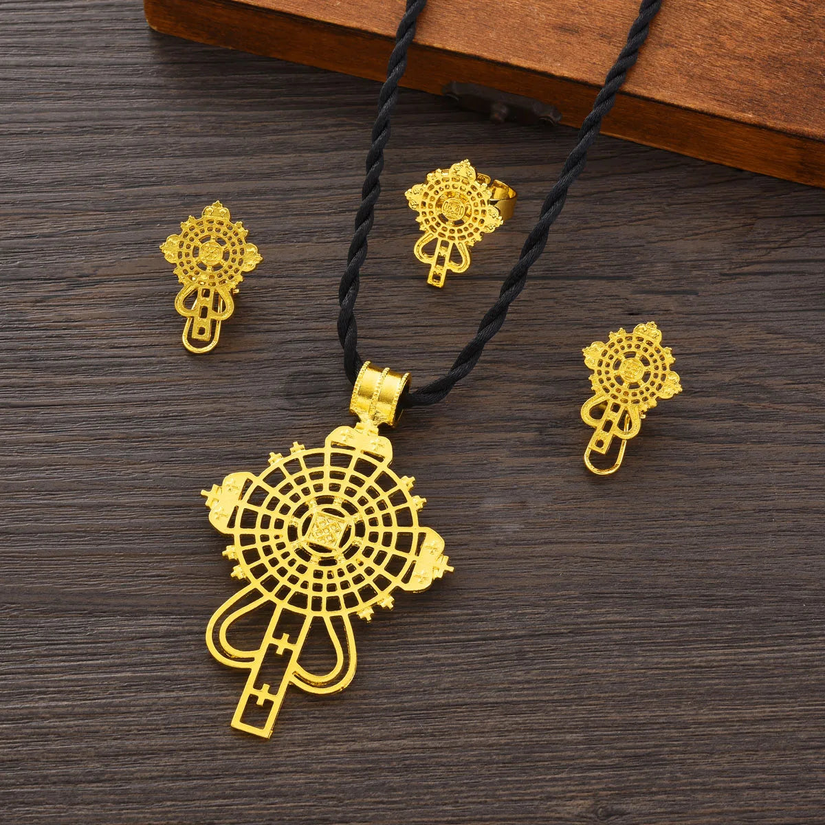 Ethiopian Cross Jewelry Set | Pendant, Earrings & Ring 3-Piece Set