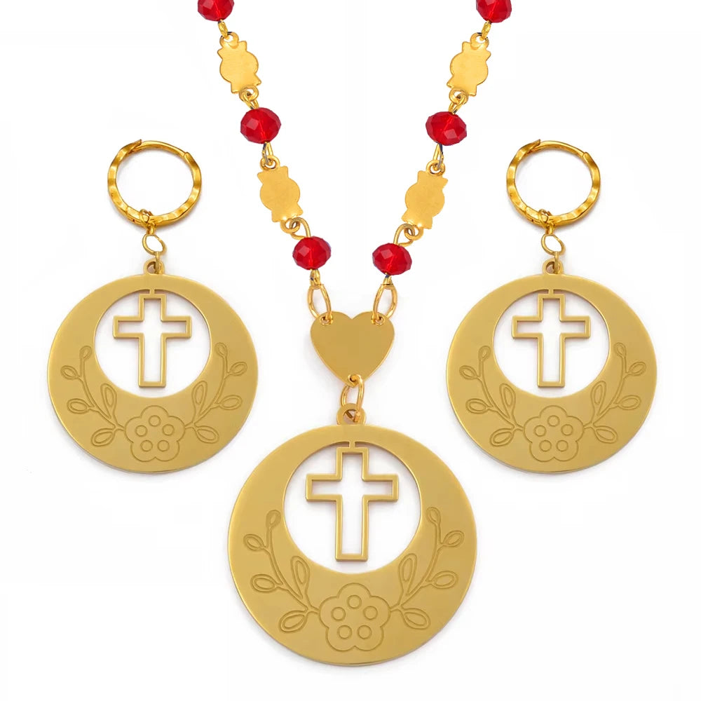Flower Cross Ethiopian Jewelry Set | Beads Pendant Necklace & Earrings