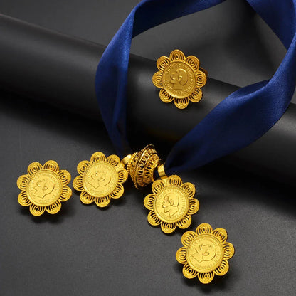 Ethiopian Eritrean Coin Jewelry Set | Necklace Earrings Rings for Women