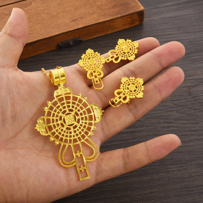 Ethiopian Cross Jewelry Set | Pendant, Earrings & Ring 3-Piece Set