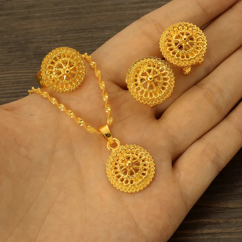 Gold Color Ethiopian & Eritrean Jewelry Set | Necklace, Ring, Pendant