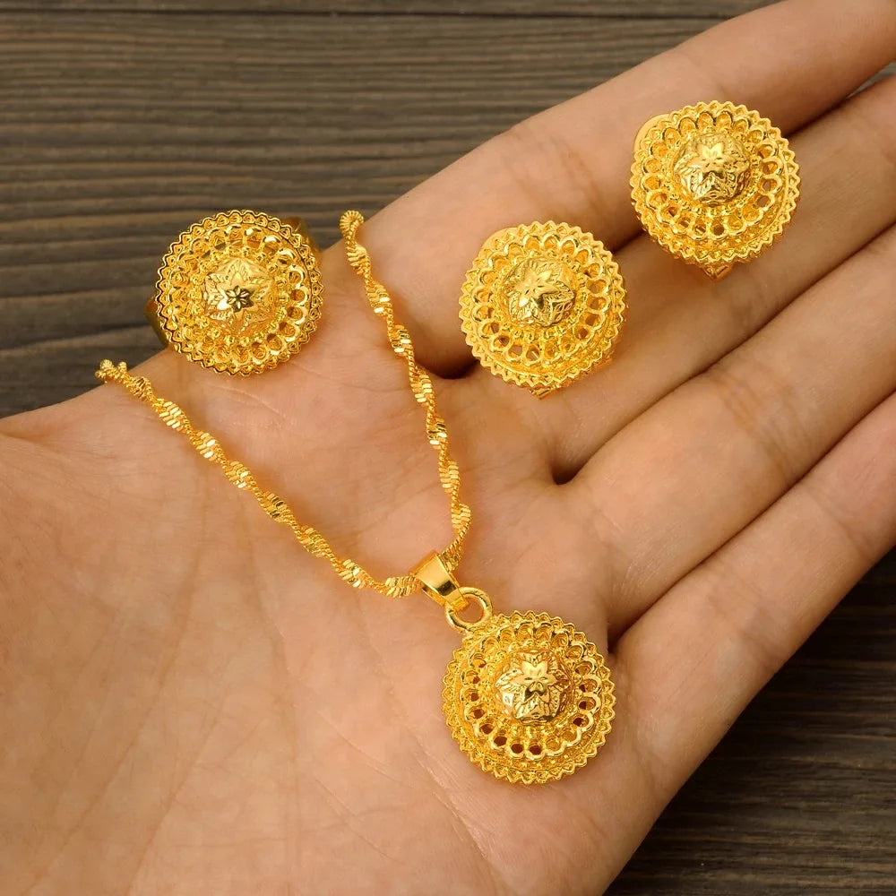 Gold Color Ethiopian & Eritrean Jewelry Set | Necklace, Ring, Pendant