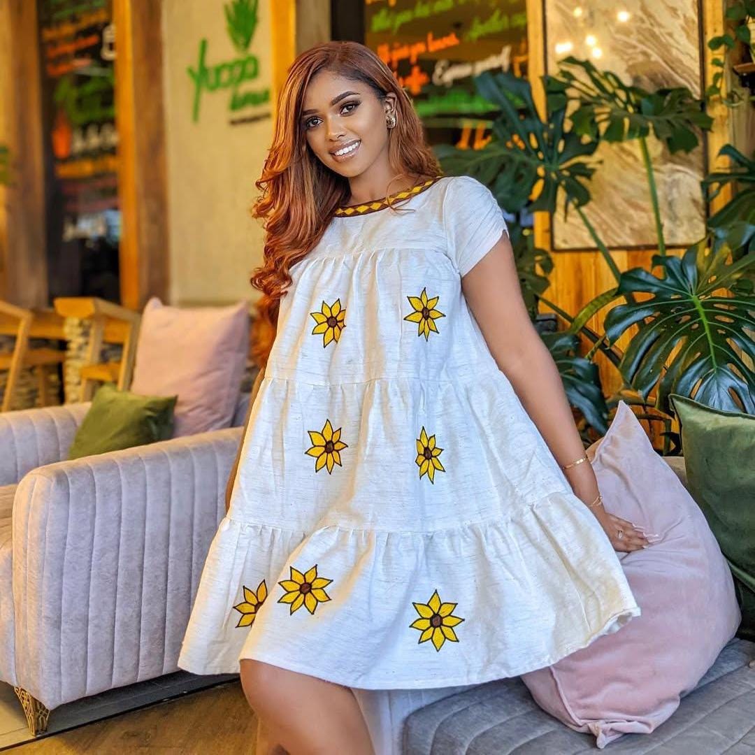 Lightweight Short Habesha Dress for Women: Modern Fetil Fabric Summer Ethiopian Kemis, Simple Traditional Dress, Free-Size Cultural Outfit