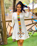 Simple Tilf Design Habesha Dress for Women: New Short Modern Ethiopian Kemis in Fetil Fabric, Handwoven Eritrean Cultural Lightweight Outfit