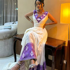 Habesha Kemis Traditional Dress, Ethiopian White & Purple Embroidered Maxi Dress, Eritrean Cultural Wedding Formal Gown