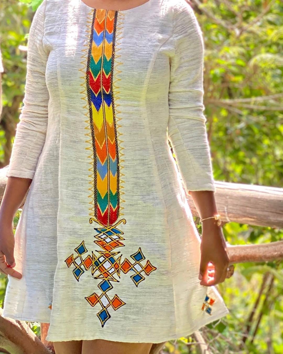 Simple Tilf Design Habesha Dress for Women: New Short Modern Ethiopian Kemis in Fetil Fabric, Handwoven Eritrean Cultural Lightweight Outfit