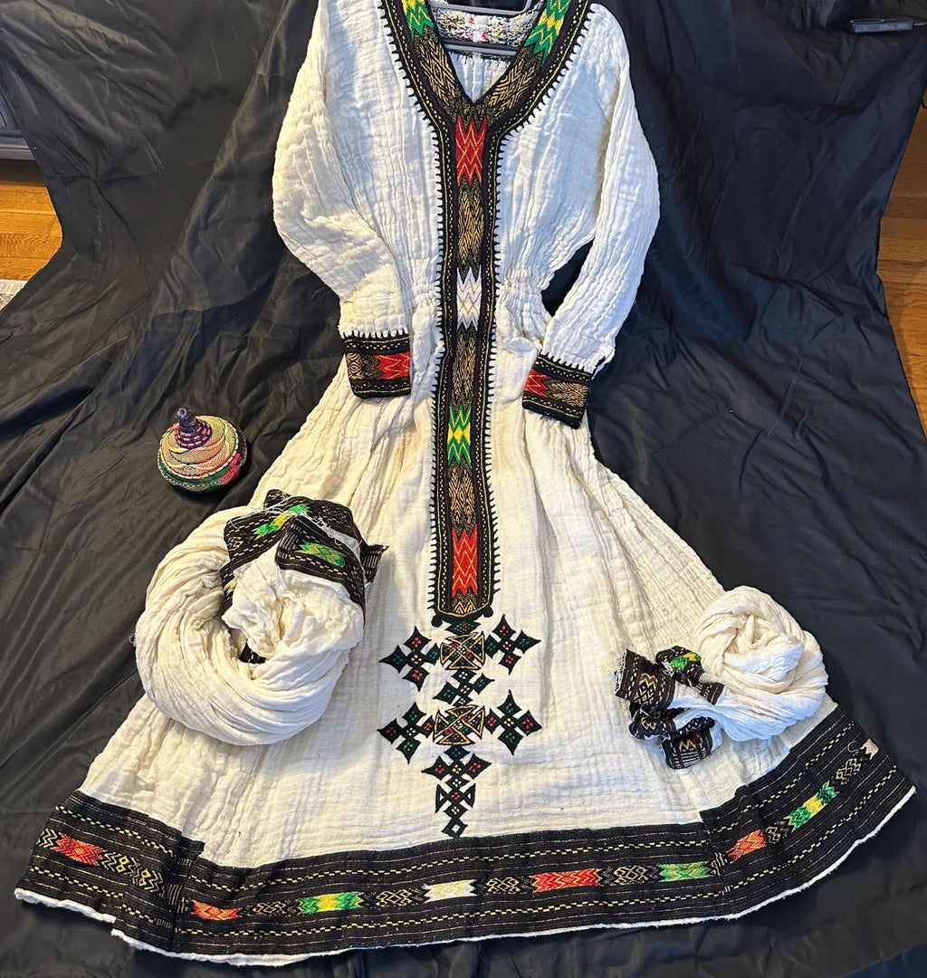 Traditional Habesha Tilet embroidered dress with colorful patterns, Cotton Ethiopian Cultural Dress, Eritrean Kemis