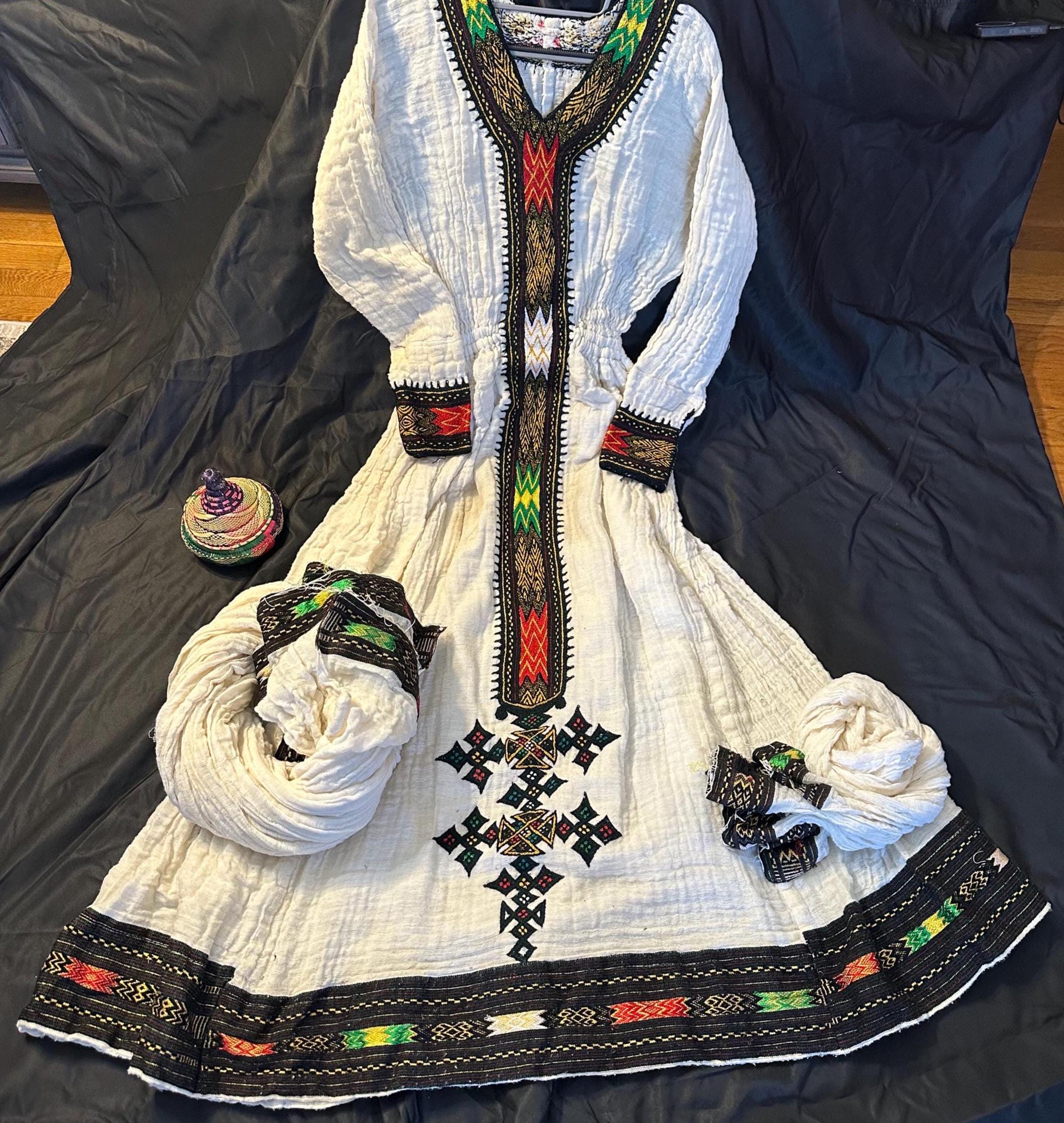 Traditional Habesha Tilet embroidered dress with colorful patterns, Cotton Ethiopian Cultural Dress, Eritrean Kemis
