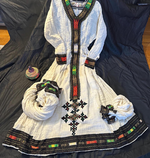 Traditional Habesha Tilet embroidered dress with colorful patterns, Cotton Ethiopian Cultural Dress, Eritrean Kemis