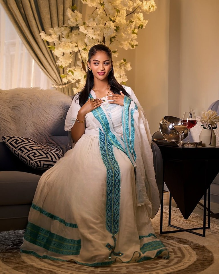 Light Blue Zuria Habesha Kemis | Modern Ethiopian Traditional Dress