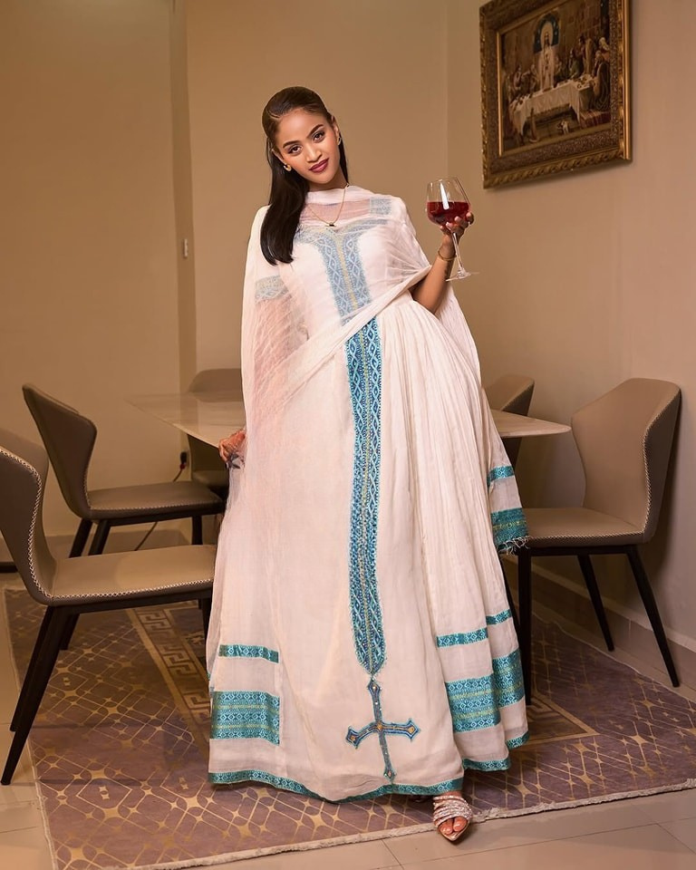 Light Blue Zuria Habesha Kemis | Modern Ethiopian Traditional Dress
