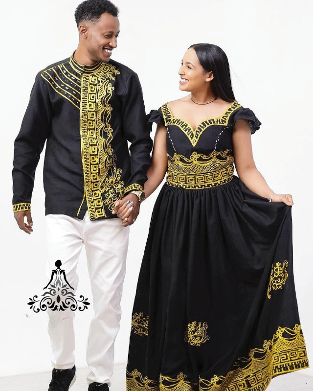 Black & Gold Ethiopian Couple Outfit Luxury Matching Habesha Set ethgebya gebeya habesha usa canada kemis 