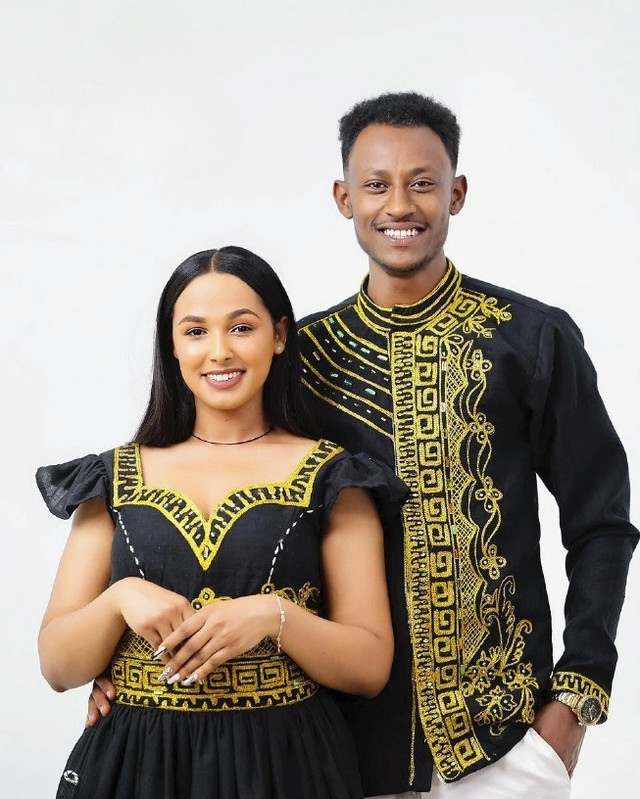 Black & Gold Ethiopian Couple Outfit Luxury Matching Habesha Set ethgebya gebeya habesha usa canada kemis 