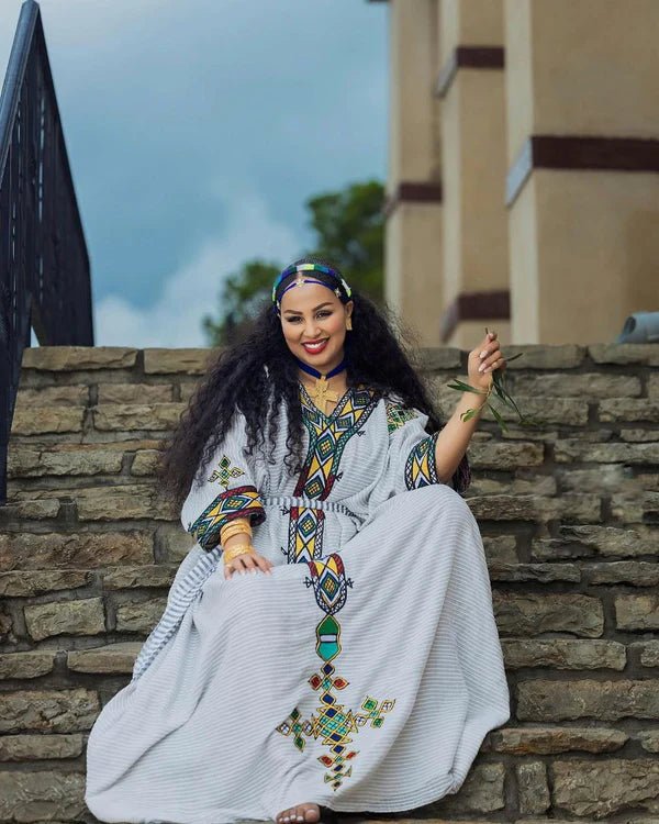 Ageless Habesha Look with Gondar Draping Embroidery Design - Traditional Ethiopian Dress - EthGebya